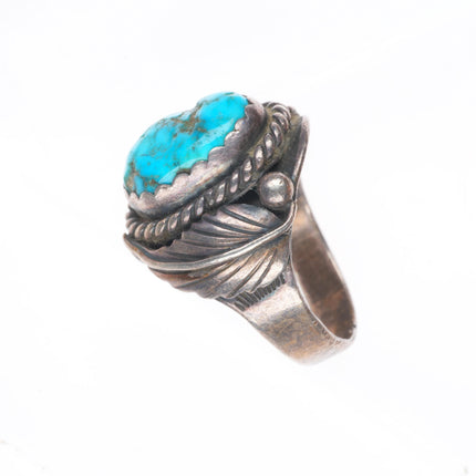 sz10.5 vintage WCV Navajo sterling silver turquoise ring w/ feather sides