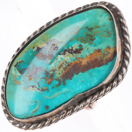 sz7 big vintage Navajo sterling silver ring with nice turquoise rope edge