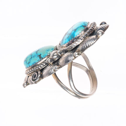 sz8 Vintage Navajo sterling silver Bird's Eye Kingman turquoise long ring size 8