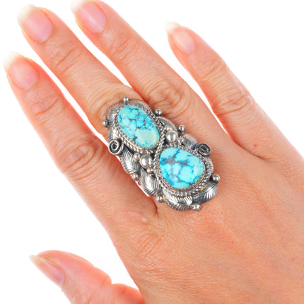 sz8 Vintage Navajo sterling silver Bird's Eye Kingman turquoise long ring size 8