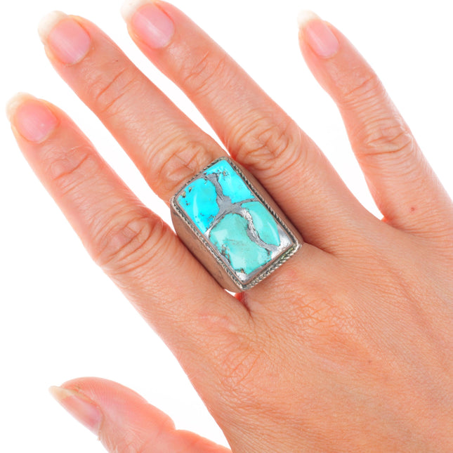 sz10 vintage Zuni sterling silver carved turquoise channel inlay size 10 ring