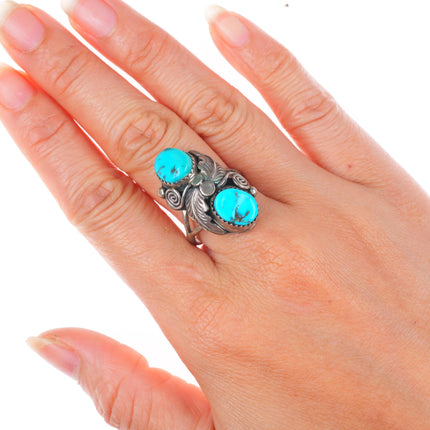 sz9 GK Navajo vintage sterling silver two stone turquoise size 9 ring