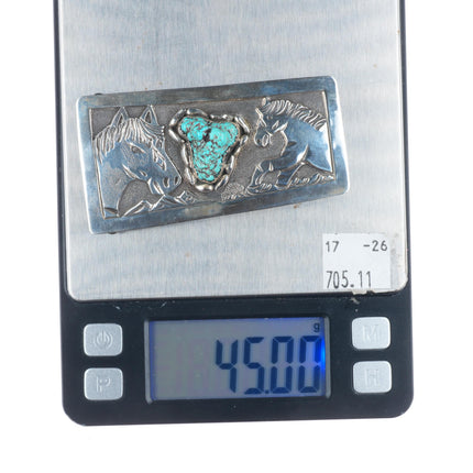 1.25" Lloyd Becenti Navajo Horses sterling silver belt buckle with turquoise