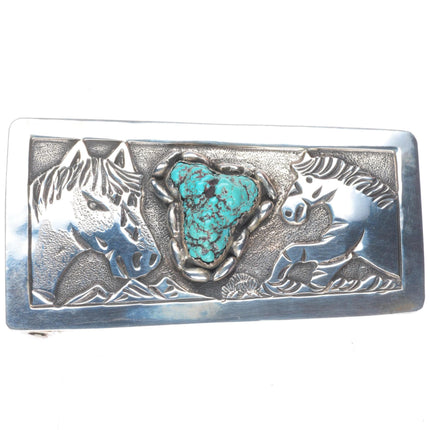 1.25" Lloyd Becenti Navajo Horses sterling silver belt buckle with turquoise