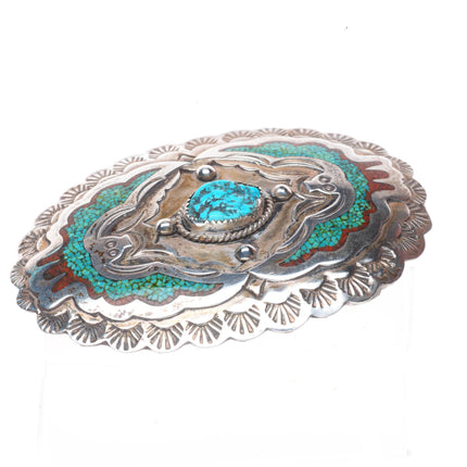 1.5" vintage Navajo sterling silver chip inlay turquoise peyote bird belt buckle