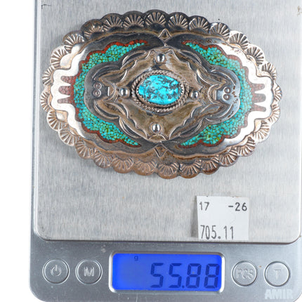 1.5" vintage Navajo sterling silver chip inlay turquoise peyote bird belt buckle
