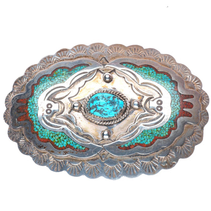 1.5" vintage Navajo sterling silver chip inlay turquoise peyote bird belt buckle