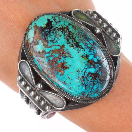 7.25" c1940 Navajo Pilot Mountain turquoise heavy sterling silver cuff bracelet