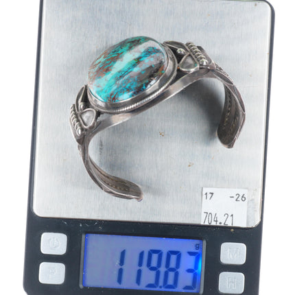 7.25" c1940 Navajo Pilot Mountain turquoise heavy sterling silver cuff bracelet