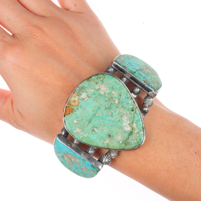 7.25" c1940 Navajo big sterling silver 3 stone turquoise cuff bracelet
