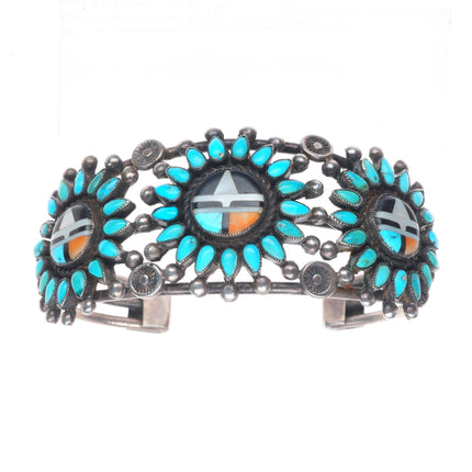 7.1" c1940 Zuni petit point turquoise cluster/sunface inlay sterling silver