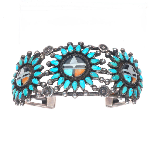 7.1" c1940 Zuni petit point turquoise cluster/sunface inlay sterling silver