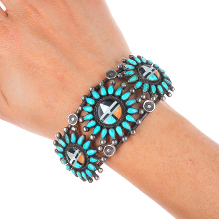 7.1" c1940 Zuni petit point turquoise cluster/sunface inlay sterling silver