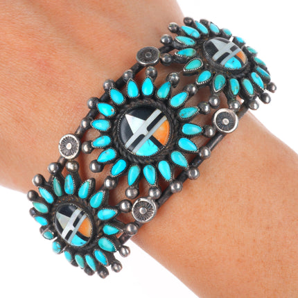 7.1" c1940 Zuni petit point turquoise cluster/sunface inlay sterling silver