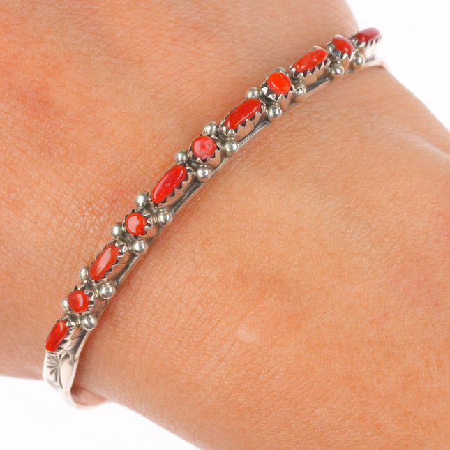 6.25" Vintage Zuni sterling silver red coral Dot-Dot-Dash Cuff bracelet