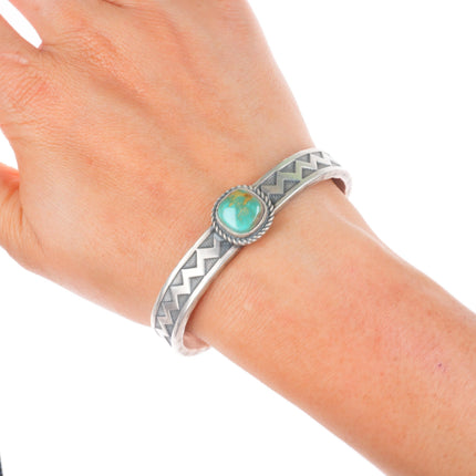 6.5" Ronald Tom Navajo sterling silver stamped Royston turquoise cuff bracelet