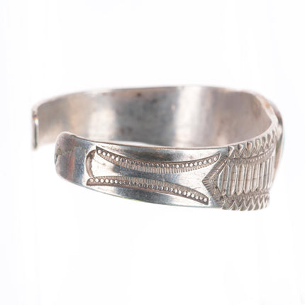 6.25" Antique Navajo c1920's Ingot silver deep stamped cuff bracelet w/turquoise
