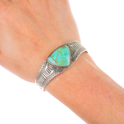 6.25" Antique Navajo c1920's Ingot silver deep stamped cuff bracelet w/turquoise