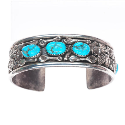 6.6" Vintage Navajo brutalist sterling silver cuff bracelet with turquoise
