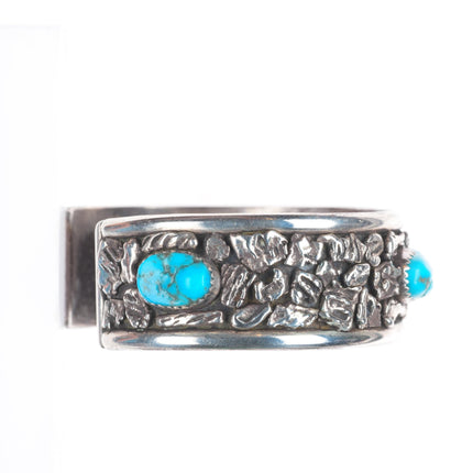 6.6" Vintage Navajo brutalist sterling silver cuff bracelet with turquoise