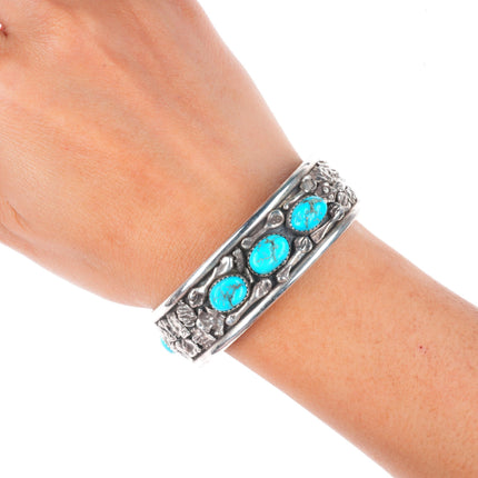 6.6" Vintage Navajo brutalist sterling silver cuff bracelet with turquoise