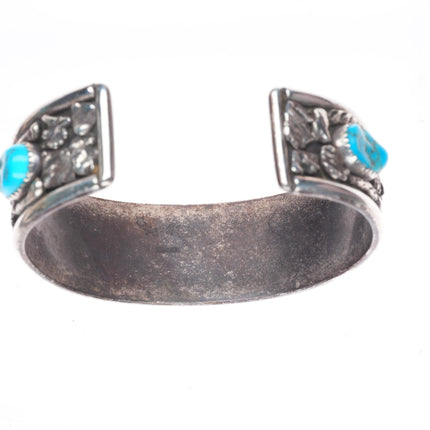 6.6" Vintage Navajo brutalist sterling silver cuff bracelet with turquoise