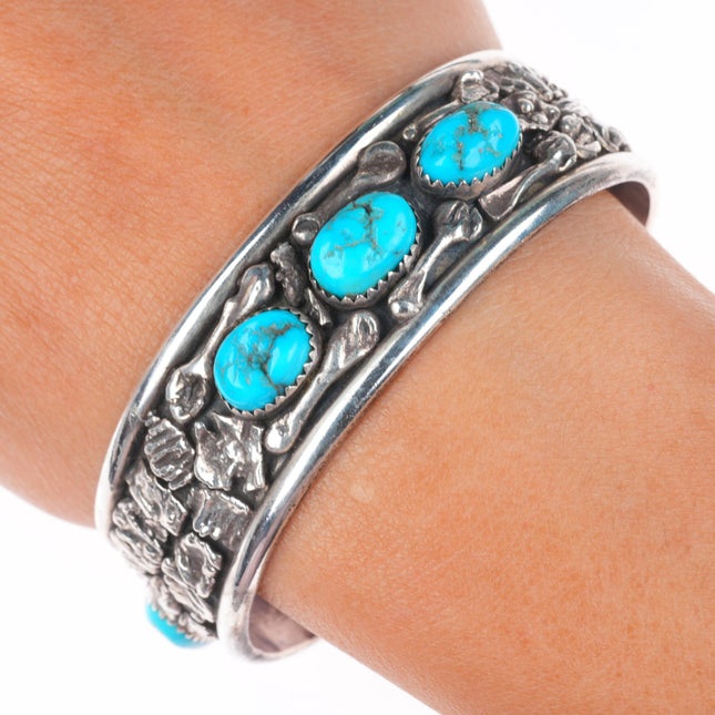 6.6" Vintage Navajo brutalist sterling silver cuff bracelet with turquoise