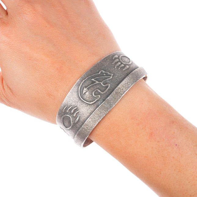 6.5" Vintage Navajo Tufa Cast sterling silver spirit bear cuff bracelet