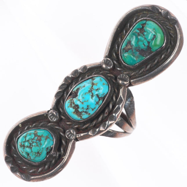 sz6 Long vintage Navajo sterling silver 3 stone turquoise size 6 ring