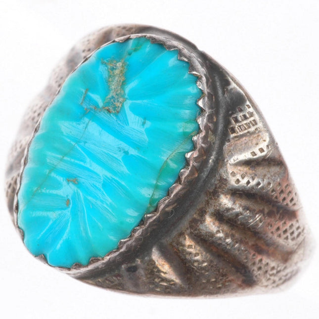 sz10.5 Vintage K Zuni carved turquoise sterling silver  size 10.5 ring
