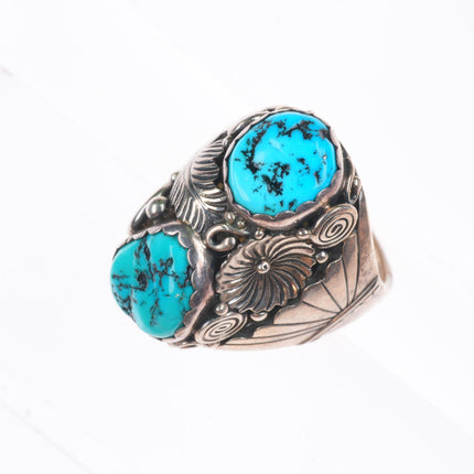 sz11 vintage Navajo sterling silver 2 stone turquoise size 11 men's ring