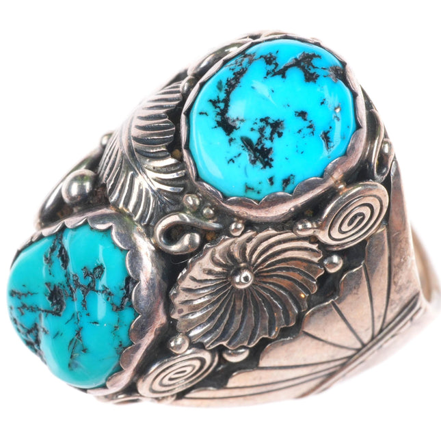 sz11 vintage Navajo sterling silver 2 stone turquoise size 11 men's ring