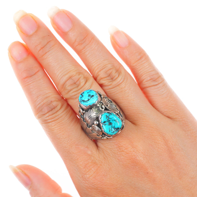 sz11 vintage Navajo sterling silver 2 stone turquoise size 11 men's ring