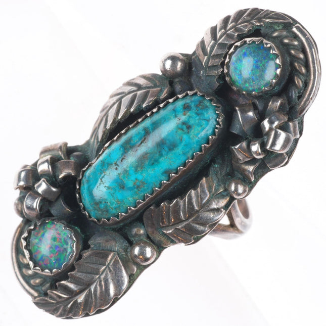 sz8 vintage Navajo sterling silver opal/ high grade turquoise size 8 ring NRB