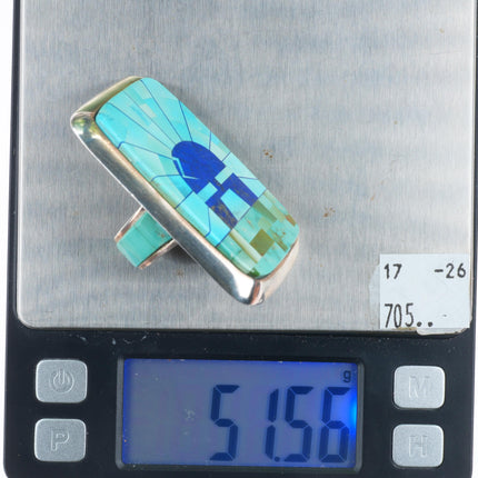 sz8 Calvin Desson Navajo sterling silver turquoise inlay Yei size 8 ring