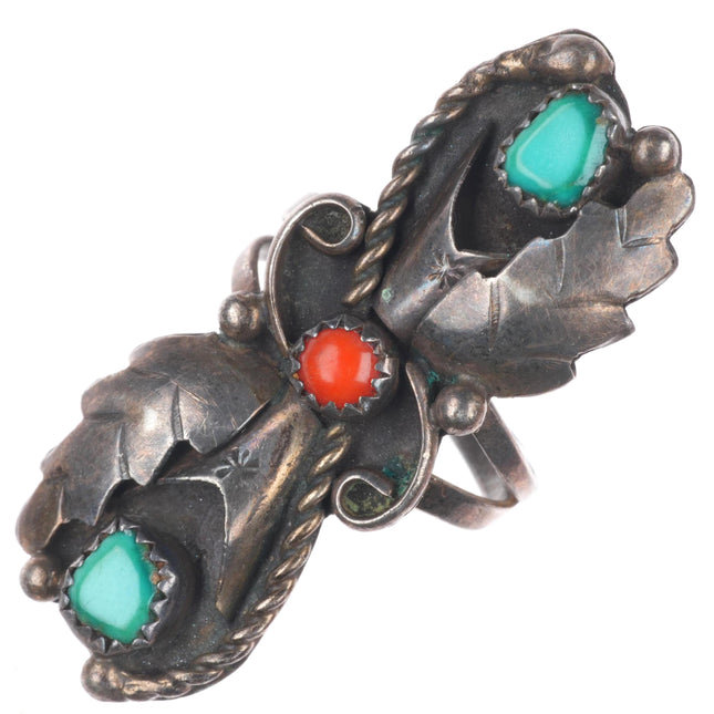 sz7 vintage Navajo sterling silver turquoise/coral 3 stone feather ring