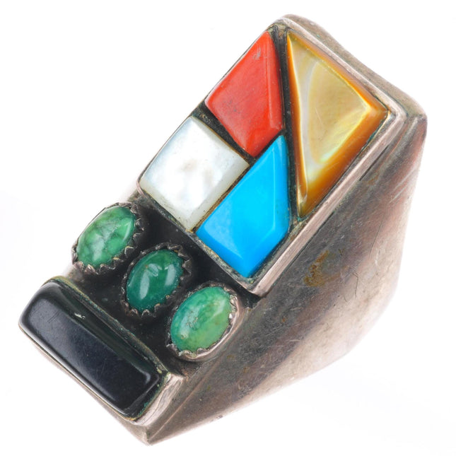 sz9 vintage Navajo sterling silver turquoise/shell/coral inlay size 9 men's ring
