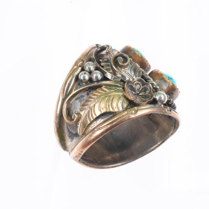 sz11 vintage Navajo sterling silver gold filled turquoise 2 stone men's ring
