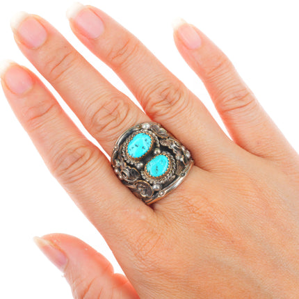 sz11 vintage Navajo sterling silver gold filled turquoise 2 stone men's ring