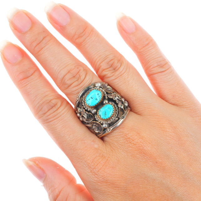sz11 vintage Navajo sterling silver gold filled turquoise 2 stone men's ring