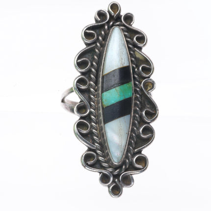 sz7 vintage Zuni sterling silver, turquoise, shell, jet long ring