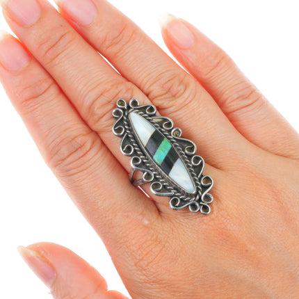 sz7 vintage Zuni sterling silver, turquoise, shell, jet long ring