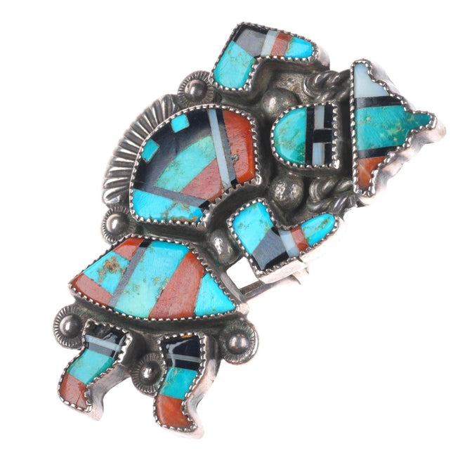 sz6 Vintage Zuni sterling silver Natural turquoise/coral rainbow man inlay ring