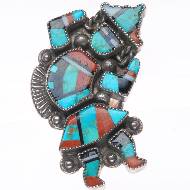 sz6 Vintage Zuni sterling silver Natural turquoise/coral rainbow man inlay ring