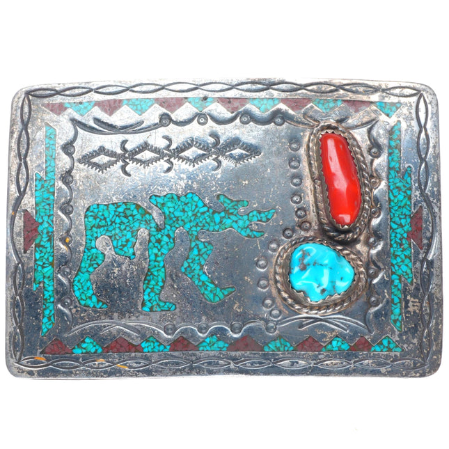 1.25" vintage Navajo sterling silver chip inlay turquoise bear coral belt buckle
