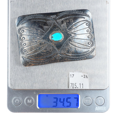 1.5" Vintage Navajo sterling silver stamped belt buckle with turquoise