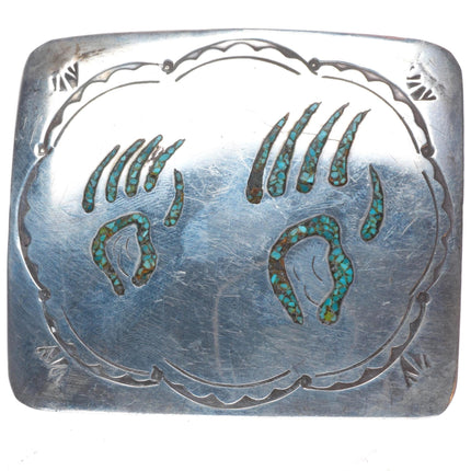1.5" Vintage Navajo sterling silver bear paw chip inlay belt buckle