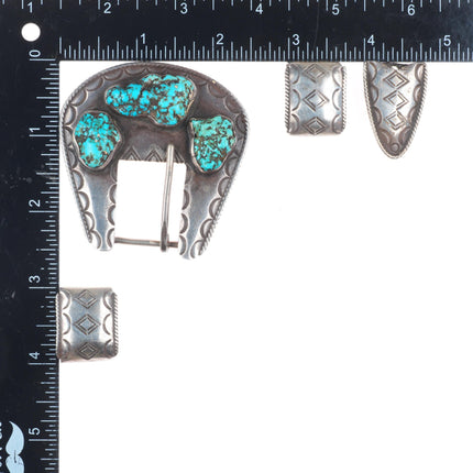 Heavy vintage Navajo sterling silver turquoise nugget ranger belt buckle set