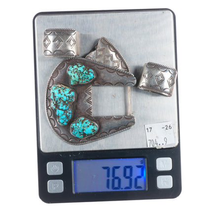 Heavy vintage Navajo sterling silver turquoise nugget ranger belt buckle set