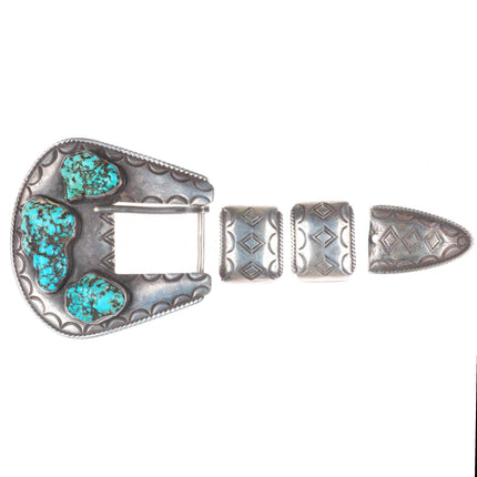 Heavy vintage Navajo sterling silver turquoise nugget ranger belt buckle set